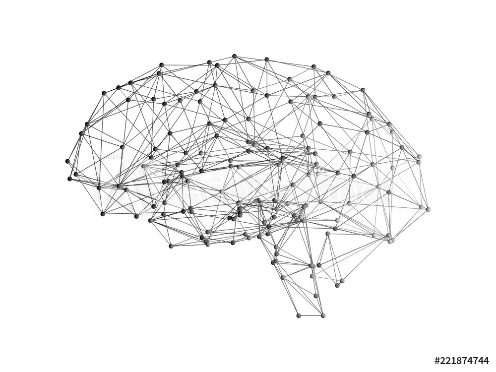 Digital data and network connection of human brain on white background in the form of artificial intelligence for technology concept, 3d abstract illustration